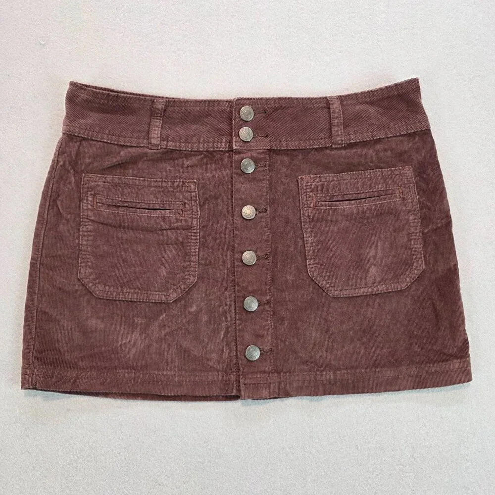 We the Free by Free People Brown Academia Corduroy Mini Skirt Button Front sz 28 - Picture 2 of 10